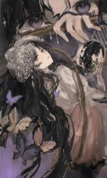  1girl black_hair broken_mirror bug butterfly dress from_behind hand_up highres holding holding_mirror isolde_(reverse:1999) juliet_sleeves leaning_back long_hair long_sleeves lv11 mirror multiple_views parted_lips puffy_sleeves purple_background reverse:1999 upper_body veil very_long_hair violet_eyes white_dress white_veil yellow_butterfly 