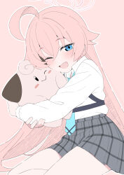  1girl :d absurdres ahoge black_skirt blue_archive blue_eyes blue_necktie blush character_request check_character cleffa collared_shirt creature fang halo highres holding holding_creature holding_pokemon hoshino_(blue_archive) hug long_hair long_sleeves looking_at_viewer mistel_(sukebemistel) necktie one_eye_closed open_mouth outline pink_background pink_hair pink_halo plaid_clothes plaid_skirt pokemon_(creature) shirt skin_fang skirt smile solo white_outline white_shirt 