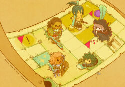  2girls 3boys armor black_robe braid brown_background brown_hair bushidou_(sekaiju) bushidou_1_(sekaiju) calligraphy_brush chibi chibi_only commentary_request curse_maker curse_maker_2 doctor_magus doctor_magus_1 eraser green_hair hijikimon2mon holding holding_calligraphy_brush holding_paintbrush holding_quill hood hood_up looking_afar map monk_(sekaiju) monk_5_(sekaiju) multiple_boys multiple_girls paintbrush paladin_(sekaiju) paladin_4_(sekaiju) pencil quill robe romaji_text scar scar_on_face sekaiju_no_meikyuu sekaiju_no_meikyuu_2 solid_oval_eyes tan topless_male twin_braids 