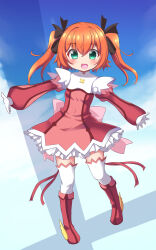 1girl :d back_bow black_ribbon blue_sky blush boots bow breasts clouds cloudy_sky commentary cross-laced_clothes cross-laced_dress crossed_bangs dress frilled_thighhighs frills full_body geo_(yukishitadou) gloves green_eyes hair_between_eyes hair_ribbon highres kaitou_tenshi_twin_angel long_hair long_sleeves looking_at_viewer magical_girl minazuki_haruka_(twin_angel) multicolored_dress open_mouth orange_hair outstretched_arms petticoat pigeon-toed pink_bow pink_dress puffy_long_sleeves puffy_sleeves red_boots red_dress ribbon short_dress shoulder_pads sky small_breasts smile solo spread_arms spread_fingers standing tareme teeth thigh-highs twin_angel twintails two-tone_dress upper_teeth_only white_gloves white_thighhighs zettai_ryouiki 