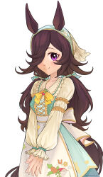  1girl absurdres animal_ears apron blush breasts brown_hair carrot_print closed_mouth food_print hair_over_one_eye headscarf highres horse_ears horse_girl horse_tail long_hair long_sleeves looking_at_viewer low_twintails nemophila_(artist) official_alternate_costume official_alternate_hairstyle rice_shower_(umamusume) rice_shower_(yummy_dreamy_fairy)_(umamusume) simple_background skirt smile solo tail twintails umamusume veil violet_eyes waist_apron white_apron white_background 