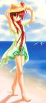  1girl absurdres barefoot beach bird braid brown_eyes dress green_dress gundam00uc hat highres long_hair looking_at_viewer ocean outdoors redhead shakugan_no_shana shana solo very_long_hair 