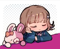  1girl bow brown_hair collared_shirt danganronpa_(series) danganronpa_2:_goodbye_despair ear_bow flipped_hair green_jacket hair_ornament highres jacket long_sleeves medium_hair monomi_(danganronpa) nanami_chiaki open_clothes shirt smile white_background white_shirt youko-shima 