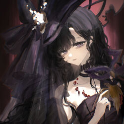  1girl absurdres bare_shoulders black_dress black_hair black_hat bow dress eye_mask hand_up hat hat_bow highres isolde_(reverse:1999) isolde_(the_caged_lamenter)_(reverse:1999) long_hair looking_at_viewer lv11 mask official_alternate_costume red_background reverse:1999 solo strapless strapless_dress unworn_mask upper_body violet_eyes 