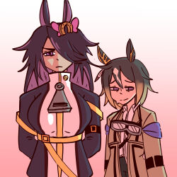  2girls absurdres ahoge animal_ears arms_behind_back averting_eyes black_hair coat de_laroche_(racehorse) ear_covers english_commentary forced_smile goggles goggles_around_neck hair_between_eyes highres horse_ears horse_girl horseshoe_hair_ornament horseshoe_ornament long_hair long_sleeves looking_at_viewer multicolored_hair multiple_girls pink_hair pink_ribbon ponytail ribbon serious shirt starlinkman stay_gold_(umamusume) streaked_hair sweatdrop umamusume violet_eyes white_hair yellow_coat zipper_pull_tab 