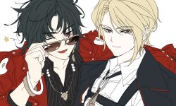  2boys adjusting_eyewear arm_on_another&#039;s_shoulder astra_yao black_coat black_hair black_shirt blonde_hair bracelet chest_harness closed_mouth coat coat_on_shoulders collarbone commentary earrings evelyn_chevalier genderswap genderswap_(ftm) hand_on_another&#039;s_shoulder hansam0657 harness jacket jewelry looking_at_viewer male_focus mole mole_under_eye multiple_boys necklace necktie o-ring one_eye_closed open_mouth pearl_necklace red_eyes red_jacket shirt short_hair star_(symbol) sunglasses symbol-only_commentary upper_body violet_eyes white_shirt yellow_necktie zenless_zone_zero 