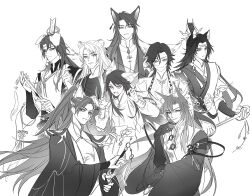  6+boys animal_ear_fluff animal_ears cat_boy cat_ears changpao chinese_clothes chinese_commentary claw_pose closed_mouth coat curtained_hair daxiushan dog_boy dog_ears earrings elbow_gloves expressionless facial_mark fighting_stance floating_earrings floppy_ears folded_fan folding_fan forehead_mark fox_boy fox_ears gloves greyscale hair_between_eyes half_updo hand_fan hand_on_own_chin hand_up hanfu head_chain high_ponytail holding holding_fan holding_sword holding_wand holding_weapon hua_chen hua_yi_shanxin_zhiyue jewelry ji_yuanqi jiaoling_ruqun kemonomimi_mode leopard_boy leopard_ears light_smile ling_yan_ru long_hair long_sleeves looking_at_viewer male_focus mandarin_collar mole mole_under_eye monochrome monocle multiple_boys neck_tassel official_alternate_costume open_clothes open_coat open_mouth parted_bangs parted_lips ponytail ready_to_draw sash serious shirt shoulder_guard side_part simple_background smile smirk swept_bangs sword tassel tassel_earrings the_prince_(hua_yi_shanxin_zhiyue) uka_(azraeluka) upper_body waist_sash wand weapon wen_siyu white_background wide_sleeves xiao_guan_(headdress) xuan_wangjun xuan_xingqi yu_ze yuanlingpao 