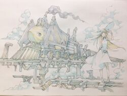  1girl :o belt belt_buckle blonde_hair brown_eyes buckle clouds commentary_request dress hand_on_headwear hand_up hat highres industrial_pipe locomotive long_hair open_mouth original outdoors peter_salt sandals sleeveless sleeveless_dress solo steam steam_locomotive sun_hat sundress traditional_media white_belt white_dress white_hat white_sandals 