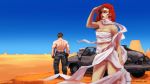  1boy 1girl blue_eyes breasts brown_hair budget_sarashi car character_request cleavage darren_geers desert long_hair mad_max max_rockatansky motor_vehicle muscle redhead sarashi scarf shading_eyes shirtless vehicle 