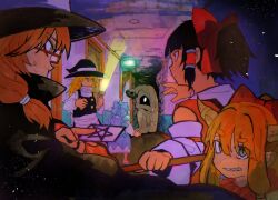  1other 5girls absurdres attic black_cloak black_hair black_hat black_vest blonde_hair blue_bow blue_hair blue_shirt blue_skirt blunt_bangs bow bowtie brown_eyes brown_hair brown_horns buttons card cirno cloak detached_sleeves flashlight fluorescent_lamp gohei gold_buttons green_light hair_bow hair_tubes hakurei_reimu hallway hat hatching_(texture) highres holding holding_card holding_flashlight holding_gohei hollow_eyes horns ibuki_suika ice ice_wings inuyama_konan kirisame_marisa low_ponytail medium_hair monster multiple_girls oni orange_hair pentagram pointy_ears ponytail red_bow red_bowtie red_shirt sandals sharp_teeth shirt skirt slit_pupils spiky_hair sweat teeth thick_eyebrows touhou usami_sumireko vest white_shirt wings witch_hat yellow_light 