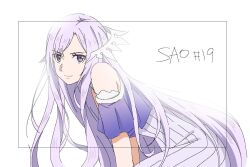  1girl bare_arms bare_shoulders check_commentary commentary commentary_request dress english_text hair_ornament isaka(_ria_iks) light_smile long_dress long_hair looking_at_viewer puffy_sleeves purple_dress purple_hair quinella sword_art_online sword_art_online:_alicization very_long_hair violet_eyes white_background 