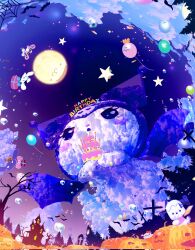  balloon bare_tree bat_(animal) birthday_cake cake clouds cross fisheye food full_moon halloween happy_birthday highres jack-o'-lantern kuromi makoron117117 moon pumpkin sanrio star_(symbol) tree 