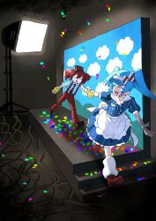  2girls aqua_hair blue_dress blush closed_eyes confetti dress drill_hair emotional_12345 gloves hatsune_miku highres holding_hands kasane_teto long_hair mesmerizer_(vocaloid) multiple_girls open_mouth overalls red_hair red_overalls shirt striped_clothes striped_shirt sweatdrop teeth twin_drills twintails upper_teeth_only utau vocaloid yellow_gloves 