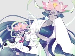  1girl 2022 bass_guitar black_dress black_hair black_sclera breasts closed_mouth coat collarbone colored_eyelashes colored_sclera colored_skin cookie_run cookie_run:_ovenbreak cowboy_shot dated dragon_girl dragon_horns dragon_tail dress earrings facial_mark flower forehead_jewel genderswap genderswap_(otf) green_horns grey_background grey_skin hair_flower hair_ornament hand_on_own_cheek hand_on_own_face hand_up highres holding holding_bass_guitar holding_instrument horns humanization instrument jewelry kuroneko96_ruka long_dress long_hair long_sleeves looking_at_viewer lotus lotus_dragon_cookie open_clothes open_coat outline pink_flower pom_pom_(clothes) pom_pom_earrings protected_link simple_background sleeves_past_fingers sleeves_past_wrists small_breasts smile solo tail twitter_username very_long_hair watermark white_coat white_eyelashes white_eyes white_outline wide_sleeves 