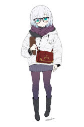  1girl :| ars_almal bag bespectacled black-framed_eyewear black_boots blue_eyes blush book boots closed_mouth full_body glasses highres holding holding_book jacket knee_boots long_sleeves looking_at_viewer nijisanji pants purple_scarf purple_sweater scarf short_hair shoulder_bag solo sweater tatami_kami turtleneck twitter_username virtual_youtuber white_background white_hair white_jacket winter_clothes 
