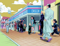  3girls 6+boys arnold_(jojo) baby chef chef_hat commentary_request diamond_wa_kudakenai dog earrings flat_top_chef_hat green_hair hairband hat hazamada_toshikazu hazekura_mikitaka higashikata_josuke hirose_koichi jewelry jojo_no_kimyou_na_bouken joseph_joestar joseph_joestar_(old) kira_yoshikage kishibe_rohan kujo_jotaro long_hair multiple_boys multiple_girls nijimura_okuyasu oniyama831 pink_hair pompadour school_uniform shizuka_joestar short_hair sugimoto_reimi tsuji_aya yamagishi_yukako yangu_shigekiyo 