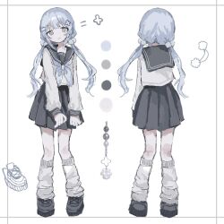  1girl black_sailor_collar black_skirt blue_hair blunt_bangs brown_eyes chest_bow color_guide contrapposto front_and_back full_body hair_ornament head_tilt highres looking_at_viewer original pom_pom_(clothes) pom_pom_hair_ornament sailor_collar school_uniform serafuku shirt sidelocks skirt smile socks solo twintails white_shirt white_socks yukitomo_(motcha111) 