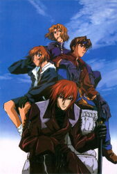  1990s_(style) 4boys absurdres black_gloves black_hair boots brown_eyes brown_hair clouds coat fujimiya_ran gloves goggles goggles_on_head hidaka_ken highres holding holding_removed_eyewear jacket kudou_youji looking_at_viewer magazine_scan male_focus multiple_boys non-web_source official_art orange_hair red_hair retro_artstyle scan sitting sky sunglasses sword tsukiyono_omi unworn_eyewear weapon weiss_kreuz 