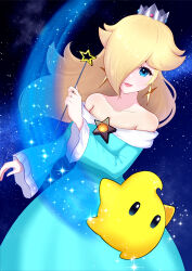  1girl :d absurdres bare_shoulders blonde_hair blue_dress blue_eyes brooch collarbone crown dress earrings eyelashes hair_over_one_eye highres holding holding_wand jewelry long_hair long_sleeves looking_at_viewer luma_(mario) off-shoulder_dress off_shoulder open_mouth rosalina smile space star_(symbol) star_brooch star_earrings super_mario_bros. super_mario_galaxy wand wing223s 