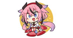  1girl :d asymmetrical_footwear black_horns blue_boots blue_eyes blush boots chibi chibi_only commentary_request double-parted_bangs fang full_body hair_between_eyes hat highres horns ini_(inunabe00) long_hair low_twintails meika_hime mismatched_footwear open_mouth pink_hair red_boots red_hat shirt short_sleeves simple_background sitting smile solo thick_eyebrows transparent_background twintails vocaloid white_shirt 