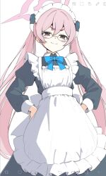  +_+ 1girl :3 alternate_costume apron art_program_in_frame back_bow bespectacled black_dress blue_archive blue_bow blue_bowtie blush bow bowtie closed_mouth collared_dress commentary double-parted_bangs doyagao dress enmaided feet_out_of_frame frilled_apron frills glasses hair_between_eyes hair_intakes halo hands_on_own_hips highres ibispaint_(medium) juliet_sleeves koyuki_(blue_archive) long_hair long_sleeves looking_at_viewer maid maid_apron maid_headdress pink_eyes pink_hair pink_halo puffy_sleeves round_eyewear simple_background smile smug solo split_mouth standing thick_eyebrows twintails v-shaped_eyebrows very_long_hair wa_sumi white_apron white_background white_bow 