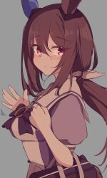  1girl admire_vega_(umamusume) animal_ears bag blush bow bowtie breasts brown_hair closed_mouth ear_covers ear_ornament hair_between_eyes highres horse_ears horse_girl horse_tail large_breasts long_hair looking_at_viewer low_ponytail mountain_yasan ponytail puffy_short_sleeves puffy_sleeves purple_bow purple_bowtie purple_serafuku purple_shirt sailor_collar school_bag school_uniform serafuku shirt short_sleeves simple_background single_ear_cover skirt solo tail tracen_school_uniform umamusume violet_eyes waving white_sailor_collar white_skirt 