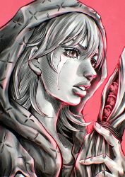  1boy absurdres araki_hirohiko_(style) commentary_request crying crying_with_eyes_open faux_traditional_media fingernails greyscale_with_colored_background hatching_(texture) highres holding_spine hood hood_up jojo_no_kimyou_na_bouken kaib0y long_hair lucy_steel monochrome parted_lips pink_background solo steel_ball_run tears 
