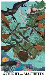  alt_text animal animal_focus baby_animal bird bird_nest black_bird blue_nails blue_sky border bracelet cable_tie card_(medium) chick clam coconut commentary coral coral_reef crab dark_skin day disembodied_hand english_commentary english_text fish fish_request foxbirdy frigate_bird heliotrope_(flower) hermit_crab highres holding holding_machete jewelry machete minor_arcana_(tarot) multiple_rings nest original outdoors partially_underwater_shot red-footed_booby ring roman_numeral sand scenery shore sky sprout tarot tarot_(medium) tern water waves white_bird white_border 