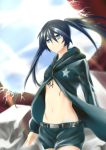  1girl 2013 belt black_hair black_rock_shooter black_rock_shooter_(character) black_shorts blue_eyes breasts gundam00uc highres long_hair navel scar shorts solo 