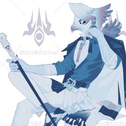  1boy artist_logo artist_name badrun_(khonshu)_(dislyte) beak bird_boy black_sclera claws closed_mouth colored_sclera commentary crossed_legs dislyte doodleforcloud furry furry_male highres holding holding_staff logo looking_to_the_side male_focus profile sitting staff 