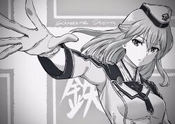  1girl breasts commentary_request elise_(shin_sakura_taisen) expressionless frown gloves greyscale half_updo hat highres jacket kudou_masashi medium_breasts military_uniform monochrome open_hand sakura_taisen shin_sakura_taisen solo 