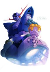  character_name flying glowing glowing_eye gundam hashtag-only_commentary highres matayoshi_(nopple_1000) mecha mecha_focus mobile_armor mobile_suit_gundam no_humans one-eyed robot science_fiction simple_background thrusters violet_eyes white_background zeong 