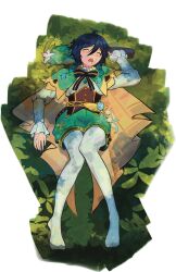  1boy ahoge aqua_cape aqua_hat aqua_shorts baggy_shorts beret black_bow black_bowtie black_hair blue_gemstone blue_hair blush border bottle bow bowtie braid brown_corset buttons cape closed_eyes corset davua510 drooling drunk english_commentary feathers flower full_body gem genshin_impact gradient_hair grass green_gemstone hair_between_eyes hand_up hat hat_flower hat_ornament highres holding holding_bottle jewelry leaf_hat_ornament long_hair_between_eyes long_sleeves lying male_focus multicolored_hair no_headwear no_shoes on_back open_mouth pantyhose pendant pom_pom_(clothes) puffy_long_sleeves puffy_sleeves shirt short_hair shorts solo striped_bow striped_bowtie striped_clothes teeth twin_braids two-sided_cape two-sided_fabric unworn_hat unworn_headwear venti_(genshin_impact) vision_(genshin_impact) white_border white_flower white_pantyhose white_shirt yellow_cape 