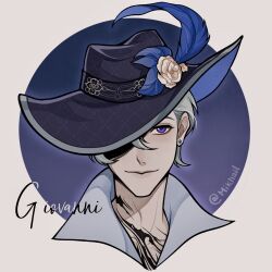  1boy argyle_clothes argyle_hat artist_name black_hat blue_hat border brown_border camellia character_name chest_tattoo chinese_commentary closed_mouth collarbone collared_shirt commentary_request cropped_shoulders diamond_earrings earrings flower giovanni_(infinity_nikki) grey_hair grey_shirt hair_between_eyes hat hat_feather hat_flower highres infinity_nikki jeebywang jewelry lips male_focus neck_tattoo nikki_(series) one_eye_covered outline outside_border purple_background round_border shirt short_hair smile solo stud_earrings tattoo two-sided_fabric two-sided_headwear violet_eyes white_flower white_outline 