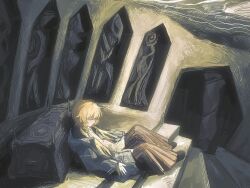  1girl blonde_hair braid brown_skirt closed_eyes commentary_request cyberseaurchin english_commentary highres long_skirt lying original pleated_skirt profile sarcophagus skirt sleeping solo stairs tomb twin_braids 