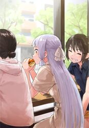  3girls ^_^ blue_hair brown_hair casual closed_eyes collared_shirt eating food from_behind fubuki_(kantai_collection) grin hair_ribbon hamburger hoodie kantai_collection long_hair miyuki_(kantai_collection) multiple_girls murakumo_(kantai_collection) nathaniel_pennel restaurant ribbon shirt short_hair short_ponytail sitting smile tree tress_ribbon very_long_hair window 