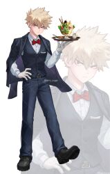  1boy bakugou_katsuki black_jacket black_pants black_shoes black_vest blonde_hair boku_no_hero_academia bow bowtie closed_mouth commission food gloves highres holding holding_plate ice_cream jacket male_focus pants plate red_bow red_bowtie red_eyes seoltang_(nitro_sugar) shirt shoes short_hair solo spiky_hair spoon sundae vest white_background white_gloves white_shirt zoom_layer 