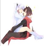  2girls animal_ears animated animated_gif black_legwear boots cape couple dog_ears dog_tail dress hinagi_(fox_priest) hug kiss long_hair multiple_girls pantyhose ponytail redhead ruby_rose rwby short_hair skirt tagme tail weiss_schnee white_hair yuri 