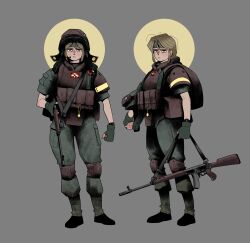  1girl absurdres ammunition_pouch assault_rifle bandana blonde_hair boots bulletproof_vest clenched_hand coop_soggy fingerless_gloves flashlight frown gloves green_bandana green_eyes gun gun_sling halo headset helmet highres jewelry knee_pads looking_at_viewer military_uniform necklace original pouch rifle short_sleeves unworn_headwear unworn_helmet weapon yellow_halo 