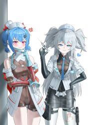  2girls absurdres akachi anger_vein bare_shoulders black_gloves black_shirt black_skirt blue_eyes blue_gloves blue_hair blue_necktie braid colphne_(girls'_frontline_2) cross-laced_clothes cross-laced_skirt dress elbow_gloves florence_(neural_cloud) girls'_frontline_2:_exilium girls_frontline gloves gun hair_between_eyes hair_ornament hairclip hand_on_own_hip hand_up handgun hat heart heart-shaped_pupils highres holding holding_syringe holster id_card long_hair mask_pull medium_hair multiple_girls navel necktie nurse_cap pa-15_(girls'_frontline) pantyhose pink_eyes seductive_smile shirt skindentation skirt smile symbol-shaped_pupils syringe thigh_gap thigh_holster thigh_strap thighs twin_braids twintails very_long_hair weapon white_dress white_hair 