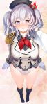  1girl blue_eyes blush breasts hand_on_another&#039;s_face hat heart heart-shaped_pupils highres kantai_collection kashima_(kantai_collection) looking_at_viewer military military_uniform nylon panties pov solo solo_focus symbol-shaped_pupils twintails underwear uniform 