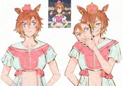  1girl animal_ears anime_screenshot_inset arm_behind_back arms_behind_back brown_hair commentary crown grin highres holding holding_mask horse_ears horse_girl jeremr looking_at_viewer mask mini_crown multiple_views quality reference_inset simple_background smile t.m._opera_o_(umamusume) umamusume violet_eyes white_background 