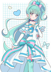 1girl amai_ribbon animal_ear_hairband animal_ears aqua_background aqua_boots aqua_bow aqua_hair aqua_hairband aqua_hat arm_warmers bare_shoulders blue_bow blue_choker blunt_bangs boots border bow bright_pupils brooch cat_ear_hairband cat_ears choker closed_mouth collarbone commentary cowboy_shot crossed_legs cure_lillian dress dress_bow earrings fake_animal_ears frilled_arm_warmers frilled_dress frills hairband hand_on_own_chest hat heart heart_brooch high_ponytail high_side_ponytail highres jewelry long_hair looking_at_viewer magical_girl medium_dress mini_hat mini_top_hat monkey_ears monkey_girl multicolored_bow nekoyashiki_mayu off-shoulder_dress off_shoulder outline outside_border pact_holder pearl_earrings plaid_background ponytail pouch precure princess queen shiny_cats_pact side_ponytail smile solo standing striped_bow thigh_boots tilted_headwear top_hat twitter_username very_long_hair violet_eyes white_arm_warmers white_border white_dress white_outline wonderful_precure! yellow_pupils zettai_ryouiki