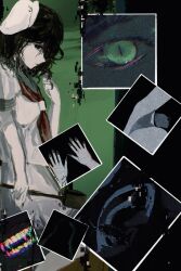  1girl anchor_symbol armpits black_hair black_nails bug collared_shirt fangs green_eyes hat highres holding holding_ladle ladle looking_at_viewer mitsusame murasa_minamitsu neckerchief no_i&#039;m_not_a_human parody photo_(object) red_neckerchief sailor_collar sailor_hat shirt short_hair slit_pupils teeth touhou white_shirt 