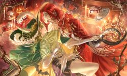  1boy 1girl aleph_(reverse:1999) alternate_costume arm_around_waist artist_request black_gloves black_shorts brown_hair cake candle cape chandelier commission covered_face cracked_mask drill_hair face-to-face facing_another feet_out_of_frame fire flower folding_fan food gloves green_cape green_eyes green_hat grey_mask hand_fan hat hat_feather hetero highres holding holding_fan holding_hands holding_quill jack-o&#039;-lantern long_hair looking_at_another official_alternate_costume pantyhose picture_hat plate quill recoleta_(reverse:1999) red_cape red_hair reverse:1999 rose second-party_source shirt short_hair short_sleeves shorts silk skull spider_web thorns white_pantyhose white_shirt 