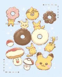  blue_background blush character-themed_food closed_eyes closed_mouth commentary_request doughnut eating food food_focus foongus highres mimikyu no_humans pikachu pokemon pokemon_(creature) pokemon_focus smile temariame14 twitter_username voltorb 