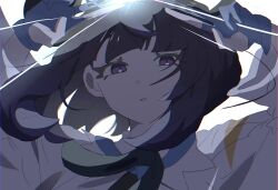  1girl black_dress black_hair blue_gloves blunt_bangs bob_cut coat dress gloves gradient_hair gwynn_(pokemon) hat highres long_sleeves looking_at_viewer mega_stone multicolored_hair open_clothes open_coat open_mouth partially_fingerless_gloves pokemon pokemon_legends:_z-a purple_hair seiun_(hoshigumo_72) short_hair solo violet_eyes white_coat zoom_layer 