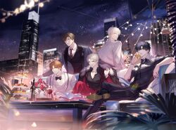  5boys :3 :d alcohol arm_rest belt belt_buckle black_belt black_bow black_bowtie black_coat black_hair black_necktie black_pants black_shirt black_vest blurry bouquet bow bowtie bracelet brown_hair buckle building charlie_su cherry chinese_commentary chocolate closed_mouth coat coat_on_shoulders cocktail_glass collared_shirt colored_lapels couch crossed_legs cup curtained_hair cushion depth_of_field diagonal-striped_clothes diagonal-striped_necktie drinking drinking_glass earrings expressionless figure_four_sitting flower food fruit fur-trimmed_coat fur_trim glasses green_eyes grey_hair grey_jacket group_picture hair_between_eyes hand_up highres holding holding_bouquet holding_cup jacket jewelry lapel_pin lapels leaning_back light_and_night_love light_blush light_particles long_sleeves looking_at_viewer looking_back lu_chen macaron male_focus multiple_boys multiple_rings necklace necktie night notched_lapels open_clothes open_collar open_jacket orange_hair outdoors pants parted_bangs parted_lips pinstripe_pattern pinstripe_shirt plant qi_sili qinnye red_eyes red_flower red_jacket red_necktie red_pants red_rose red_suit red_wine ring rose scone shawl_lapels shirt shoe_soles short_hair sitting sky skyscraper sleeves_rolled_up smile standing star_(sky) starry_sky string_of_light_bulbs striped_clothes suit suit_jacket swept_bangs table tart_(food) thumb_ring tie_clip tiered_tray traditional_bowtie upper_body vest violet_eyes white_flower white_hair white_jacket white_pants white_shirt white_suit wine wine_glass xia_mingxing xiao_yi_(light_and_night_love) yellow_eyes 