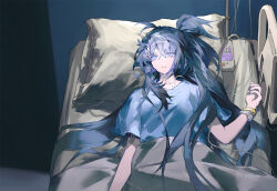  1girl arknights astesia_(arknights) bed blue_eyes blue_hair blue_shirt bright_pupils detached_sleeves hospital hospital_bed intravenous_drip pillow shirt short_sleeves solo under_covers upper_body violet_eyes white_pupils yuji_(fantasia) 
