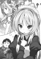  1boy 2girls ? apron ascot breasts buta_koushaku charlotte_lily_hughjack closed_mouth clouds collared_shirt crossed_arms dress elbow_gloves fat fat_man flower from_side gloves hair_flower hair_ornament hand_on_own_cheek hand_on_own_face hooded_robe index_finger_raised jitome juliet_sleeves karina_little_daris large_breasts long_hair long_sleeves looking_at_viewer maid maid_apron maid_headdress medium_breasts motion_lines multiple_girls nauribon novel_illustration official_art open_hand open_mouth profile puffy_long_sleeves puffy_sleeves raised_inner_eyebrows robe school_uniform shirt sky slow_denning standing sweat third-party_source upper_body very_long_hair 